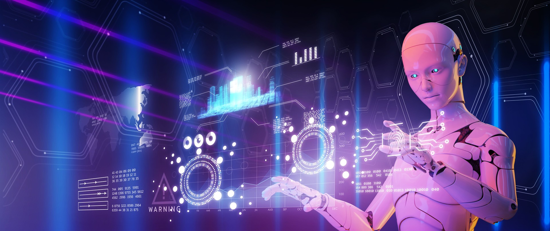 Smart factory, industry 4.0, M2M computer aided manufacturing , 3D humanoid robot working in factory production line with machine, AI future industry engineering